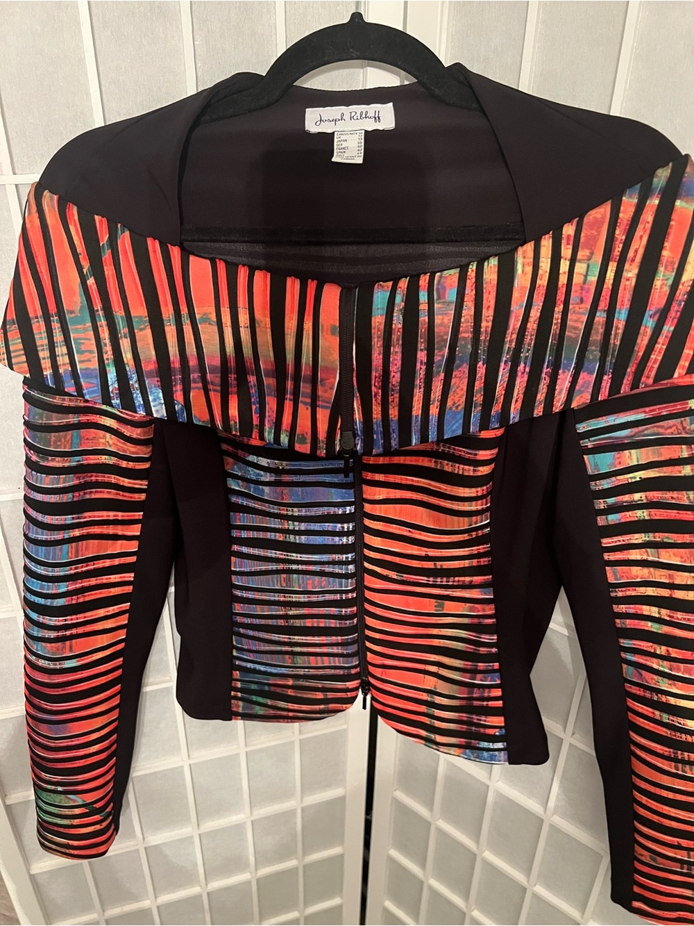 Joseph Ribkoff Black Jacket Top with Multicolor Striped Detail Size 10